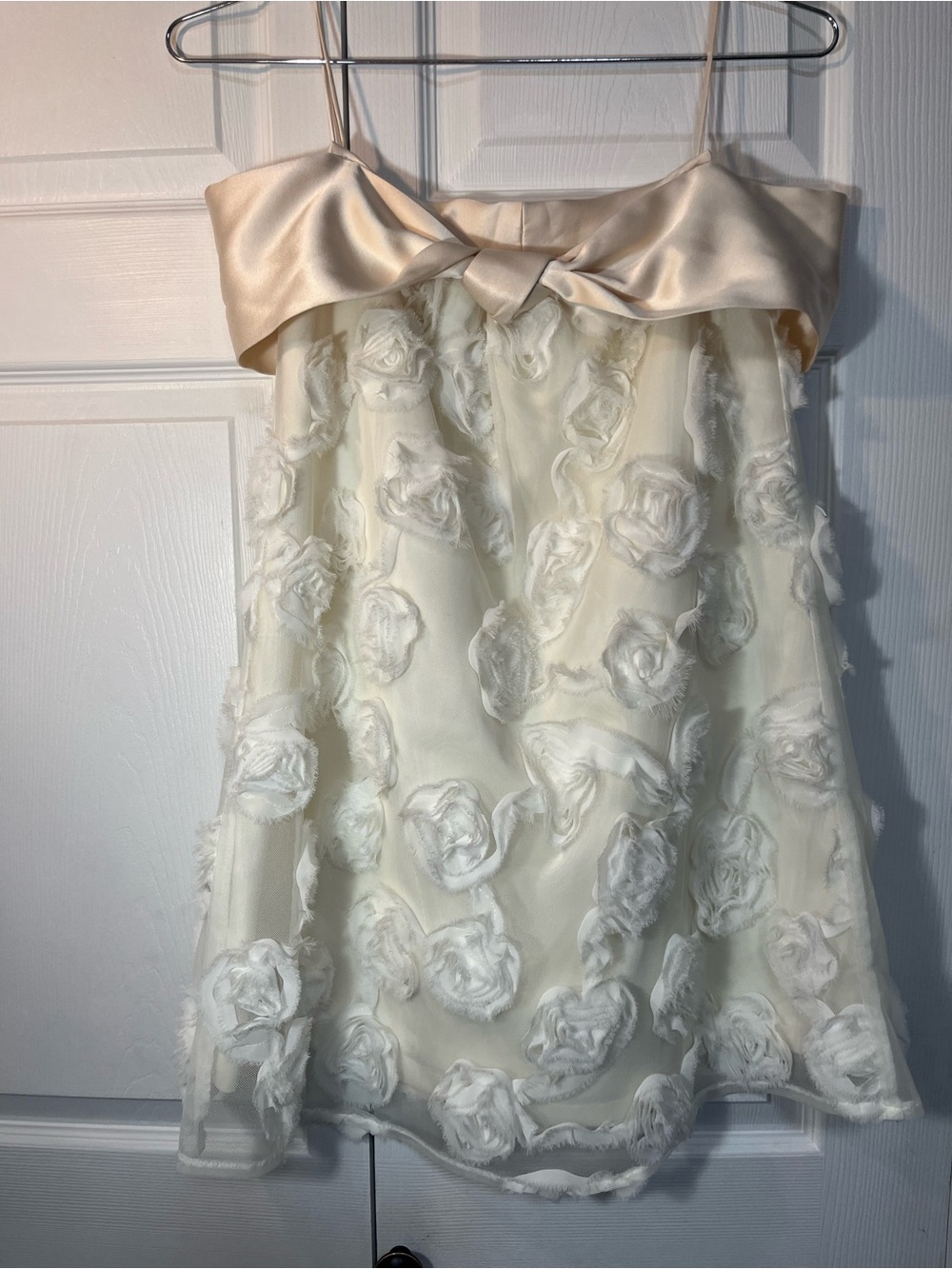 Debra Rodman Ivory Floral Appliqué Mini Dress with Satin Bow Trim